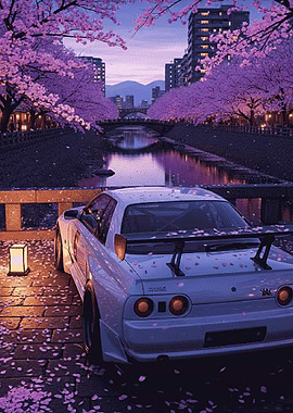 Car parked by cherry blossom canal