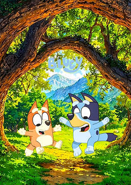 Bluey and Bingo in a Forest