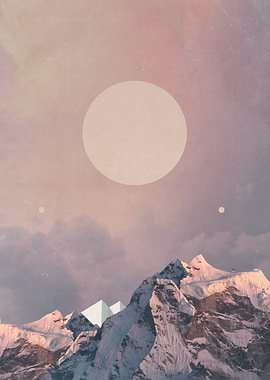 Surreal Mountain Landscape with Celestial Bodies