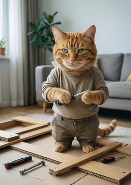 Cat assembling furniture with tools