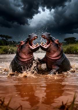 Hippos fighting in muddy water