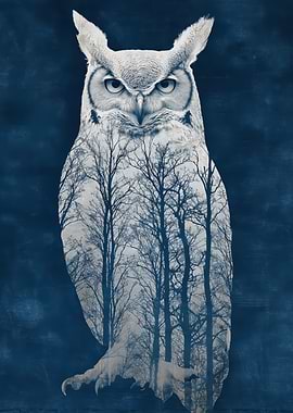 Double Exposure Owl and Forest
