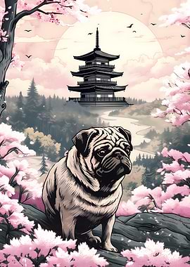 Pug in Japanese Landscape