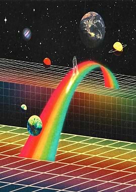 Retro Space Rocket Rainbow Grid
