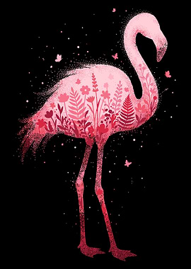 Floral Flamingo Poster, Pink Flower Bird Wall Art, Whimsical Tropical Decor Print