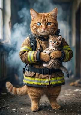 Firefighter Cat Rescues Kitten