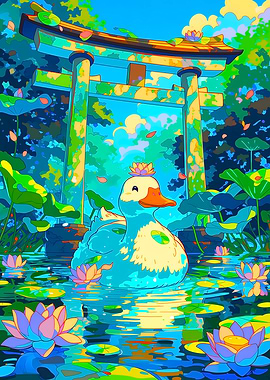 Cute Duck in a Lotus Pond