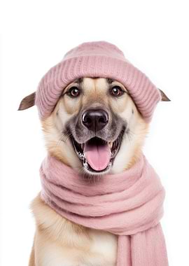 Cozy Anatolian Shepherd Dog Wearing Pink Scarf and Beanie