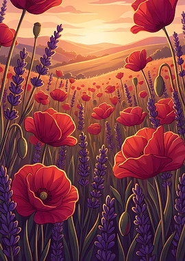 Poppy and Lavender Field at Sunset