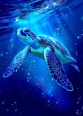 Sea Turtle Swimming in Blue Water