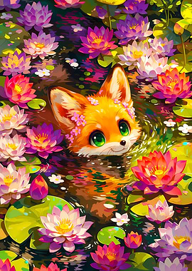 Cute Fox in a Lotus Pond