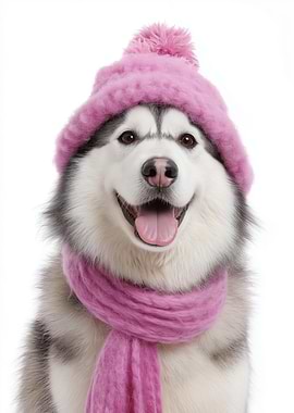 Cozy Alaskan Malamute Dog Wearing Pink Winter Hat and Scarf