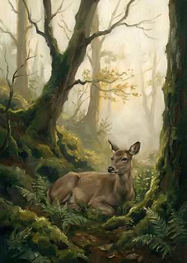 Deer Resting in a Misty Forest