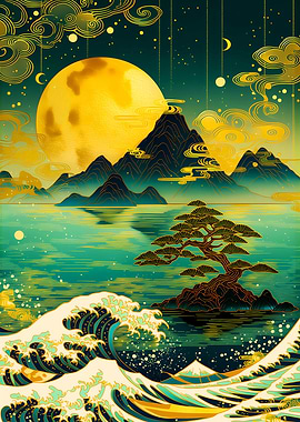 Japanese Wave and Moon Landscape