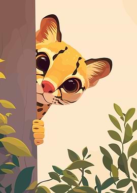 Ocelot Peeking from Behind a Tree