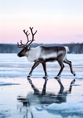 Reindeer walking on ice
