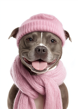 Cozy Staffordshire Bull Terrier Dog Wearing Pink Hat and Scarf