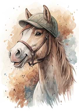 Watercolor Horse Wearing a Jockey Cap
