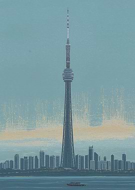 Cityscape with Tall Tower and Boat