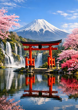 Mount Fuji with Torii Gate and Cherry Blossoms