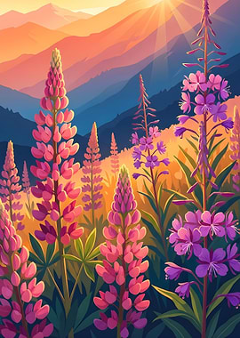 Lupine Flowers in Mountain Landscape
