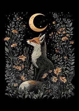 Mystical Fox Moon Poster, Celestial Forest Wall Art, Night Garden Illustration Print