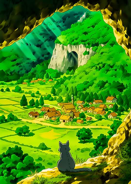 Cat overlooking a village and mountains