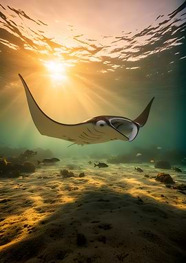 Manta Ray Swimming in Sunlit Ocean