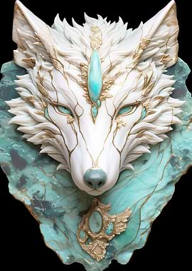 White Wolf Head Sculpture with Turquoise and Gold