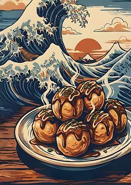 Takoyaki with Great Wave Background