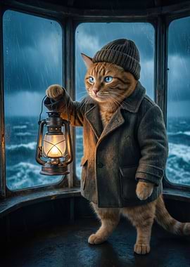 Cat with Lantern in Stormy Sea