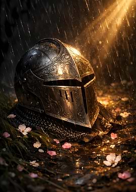Knight's Helmet in Rain with Flowers