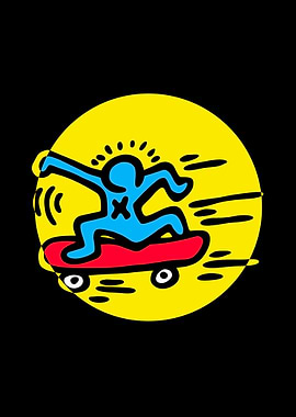 Blue figure skateboarding on red skateboard