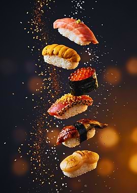 Floating Nigiri Symphony — Salmon, Uni & Ikura in Midair