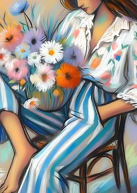 Woman with Colorful Flowers on Chair