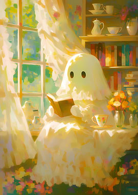 Ghost reading a book by the window