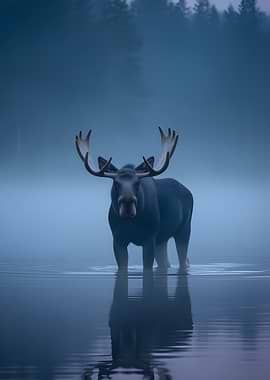 Moose in Misty Lake