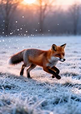 Fox running in frosty field at sunrise