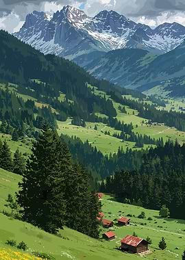 Alpine Valley with Snowy Peaks