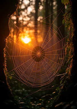 Spiderweb in Golden Hour Forest Light