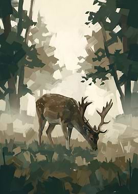 Deer grazing in a misty forest