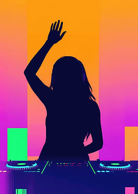 DJ silhouette with headphones and turntables