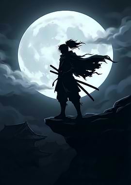 Samurai Silhouette Under the Moon