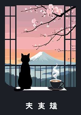 Black Cat Views Mount Fuji at Sunrise