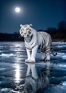 White Tiger on Ice Under Moon