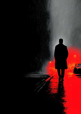 Man walking in the rain at night