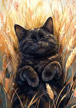 Black cat sleeping in wheat field