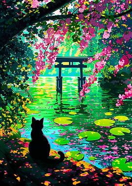 Black Cat by Torii Gate Pond