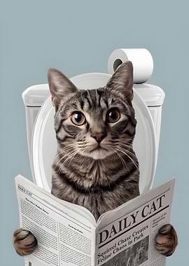Cat reading newspaper on toilet