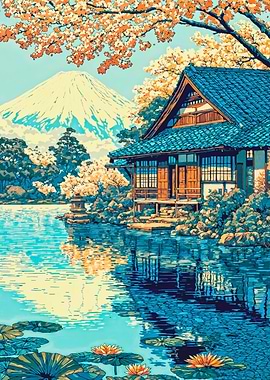 Traditional Japanese Lakeside Fuji Art
